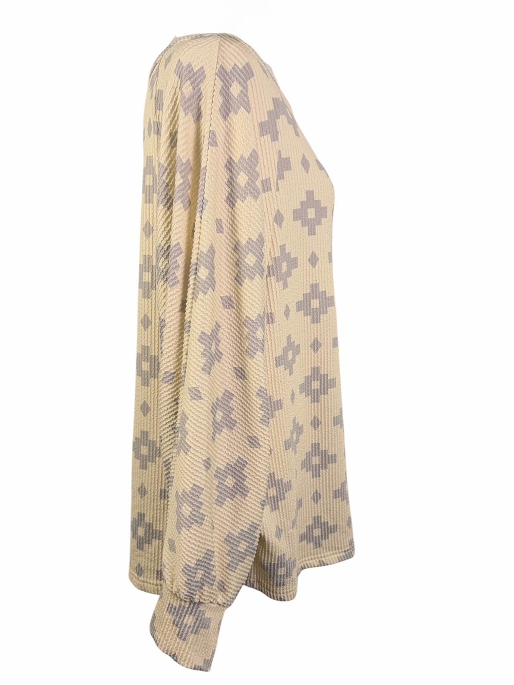 Sterling Kreek Cream Knit Top Batwing Sleeves & Gray Geometric Print Size L Boho - Picture 3 of 10